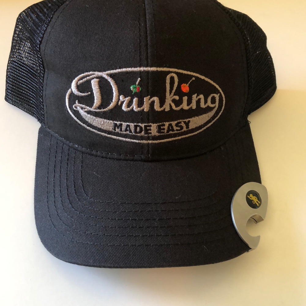 Black “ drinking made easy” snap back trucker hat